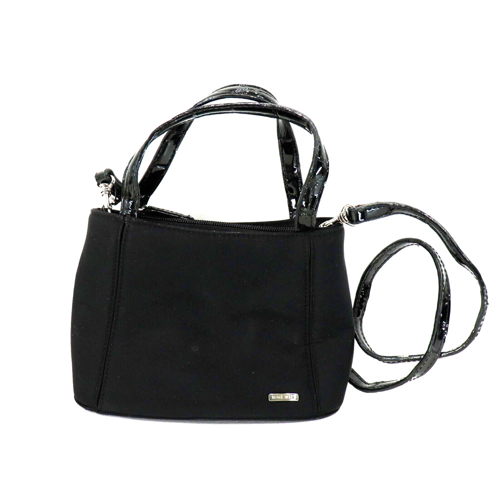 Nine West Crossbody Handbag Mini Black Nylon Patent Handles Crossbody Lined Zip